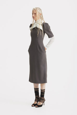 Elegant Midi Dress With Contrast Bow Collar – Taupe - Julia Allert