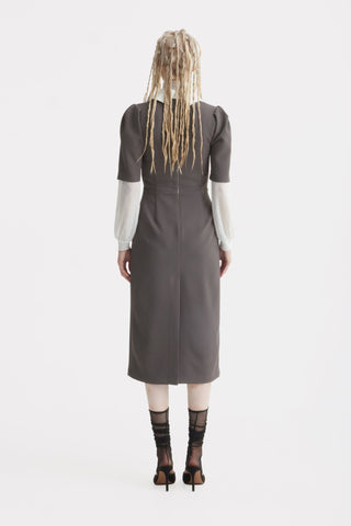 Elegant Midi Dress With Contrast Bow Collar – Taupe - Julia Allert