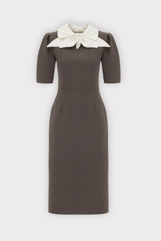 Elegant Midi Dress With Contrast Bow Collar – Taupe - Julia Allert