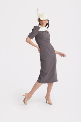 Elegant Midi Dress With Contrast Bow Collar – Taupe - Julia Allert