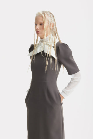 Elegant Midi Dress With Contrast Bow Collar – Taupe - Julia Allert