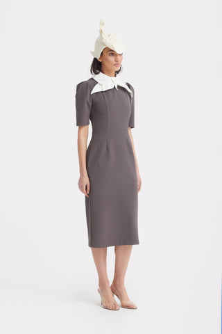 Elegant Midi Dress With Contrast Bow Collar – Taupe - Julia Allert