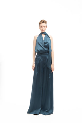 Elegant Satin Jumpsuit With Open Back Emerald