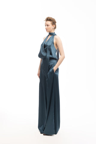Elegant Satin Jumpsuit With Open Back Emerald