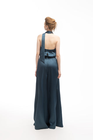 Elegant Satin Jumpsuit With Open Back Emerald
