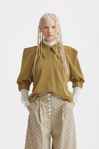 Evening Metallic Knit Puff Sleeve Blouse - Gold - Julia Allert