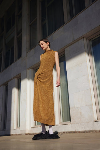 Evening Metallic Knit Sleeveless Long Dress - Bronze - Julia Allert