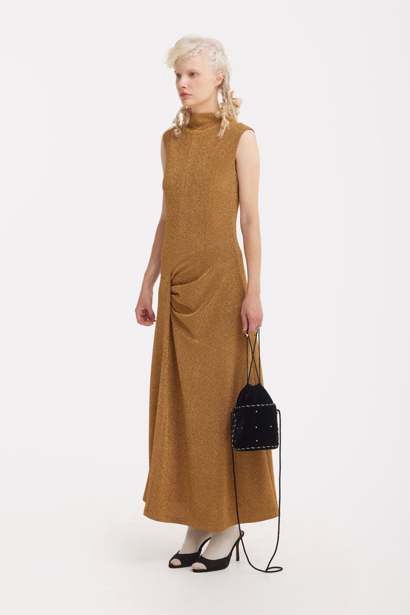 Evening Metallic Knit Sleeveless Long Dress - Bronze