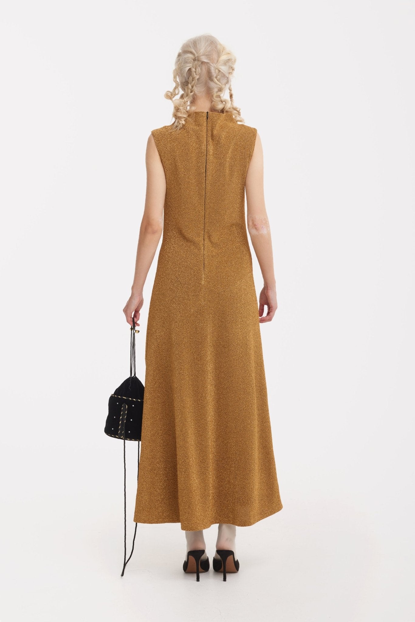Evening Metallic Knit Sleeveless Long Dress - Bronze