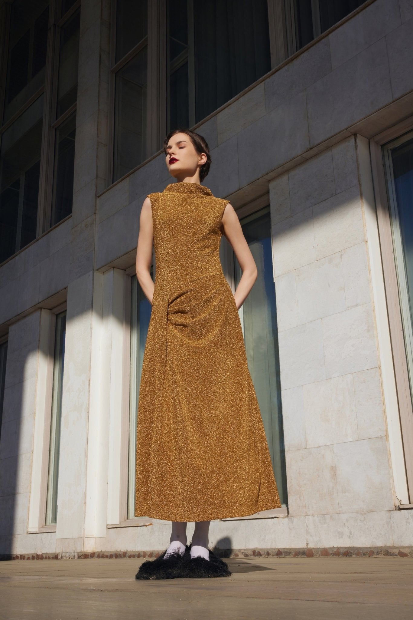 Evening Metallic Knit Sleeveless Long Dress - Bronze