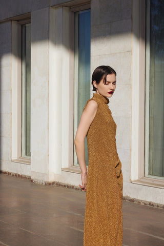 Evening Metallic Knit Sleeveless Long Dress - Bronze - Julia Allert