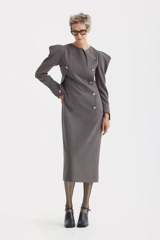 Evening Midi Straight Dress With Sculpted Shoulders – Taupe - Julia Allert