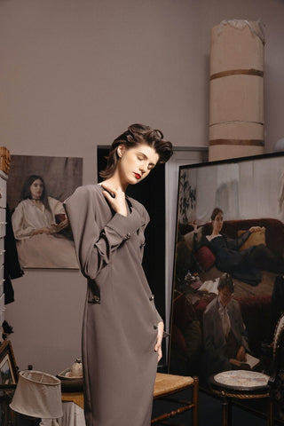 Evening Midi Straight Dress With Sculpted Shoulders – Taupe - Julia Allert