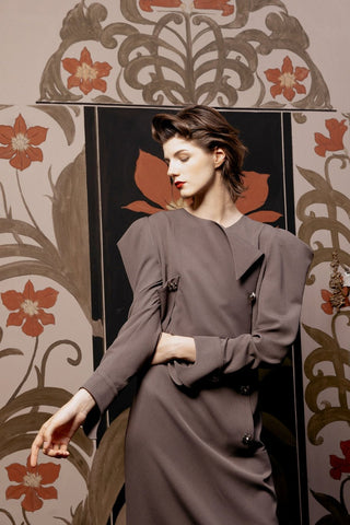 Evening Midi Straight Dress With Sculpted Shoulders – Taupe - Julia Allert