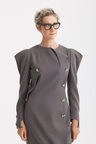 Evening Midi Straight Dress With Sculpted Shoulders – Taupe - Julia Allert