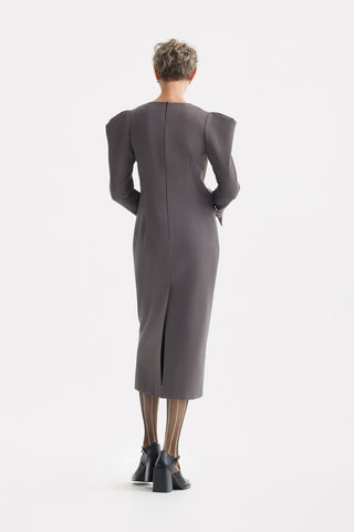 Evening Midi Straight Dress With Sculpted Shoulders – Taupe - Julia Allert