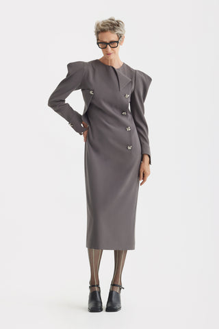 Evening Midi Straight Dress With Sculpted Shoulders – Taupe