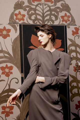 Evening Midi Straight Dress With Sculpted Shoulders – Taupe