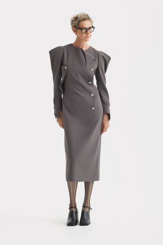 Evening Midi Straight Dress With Sculpted Shoulders – Taupe