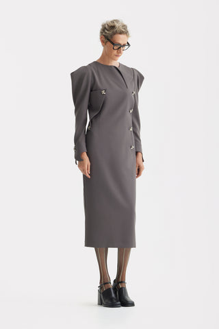 Evening Midi Straight Dress With Sculpted Shoulders – Taupe