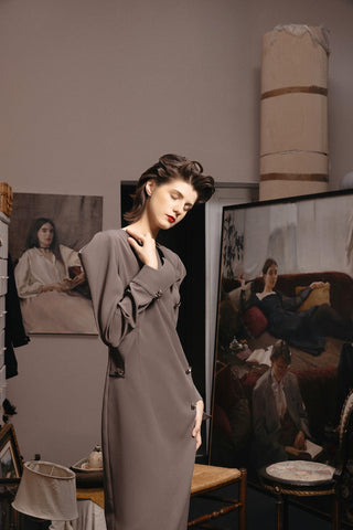Evening Midi Straight Dress With Sculpted Shoulders – Taupe