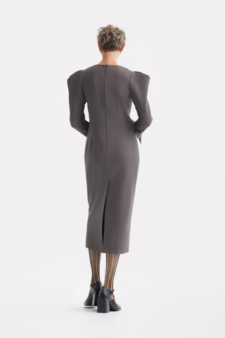Evening Midi Straight Dress With Sculpted Shoulders – Taupe