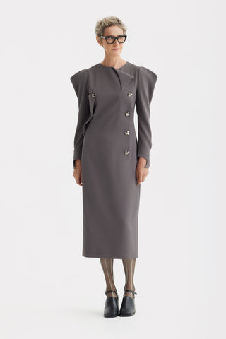 Evening Midi Straight Dress With Sculpted Shoulders – Taupe