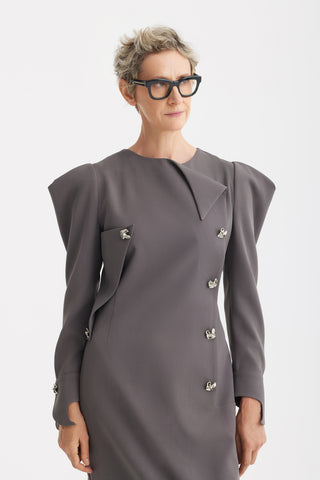 Evening Midi Straight Dress With Sculpted Shoulders – Taupe