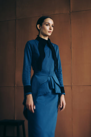 Evening Peplum Belted Dress Blue