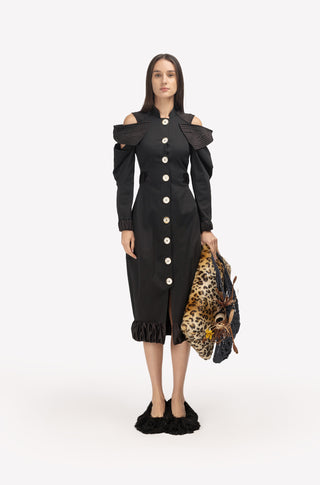 Evening Shoulder-Cut Military Dress Black