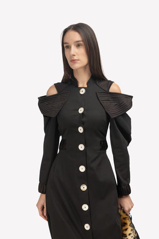 Evening Shoulder-Cut Military Dress Black