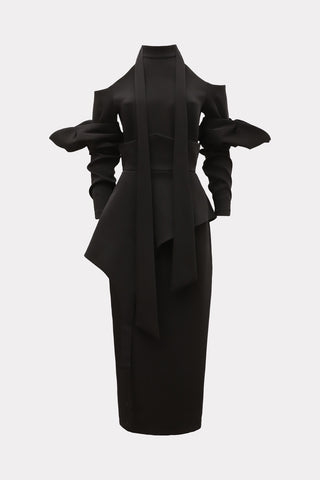 Fashion Cold-Shoulder Midi Dress With Asymmetrical Belt Black