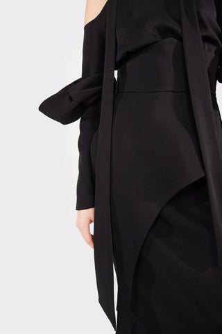 Fashion Cold-Shoulder Midi Dress With Asymmetrical Belt Black