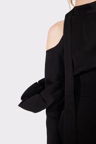 Fashion Cold-Shoulder Midi Dress With Asymmetrical Belt Black