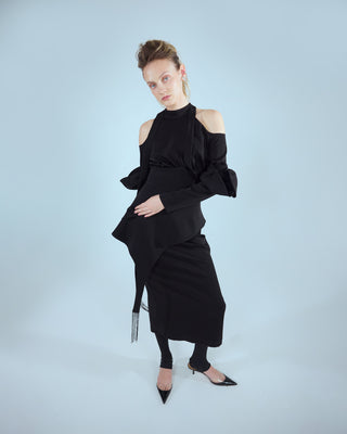 Fashion Cold-Shoulder Midi Dress With Asymmetrical Belt Black