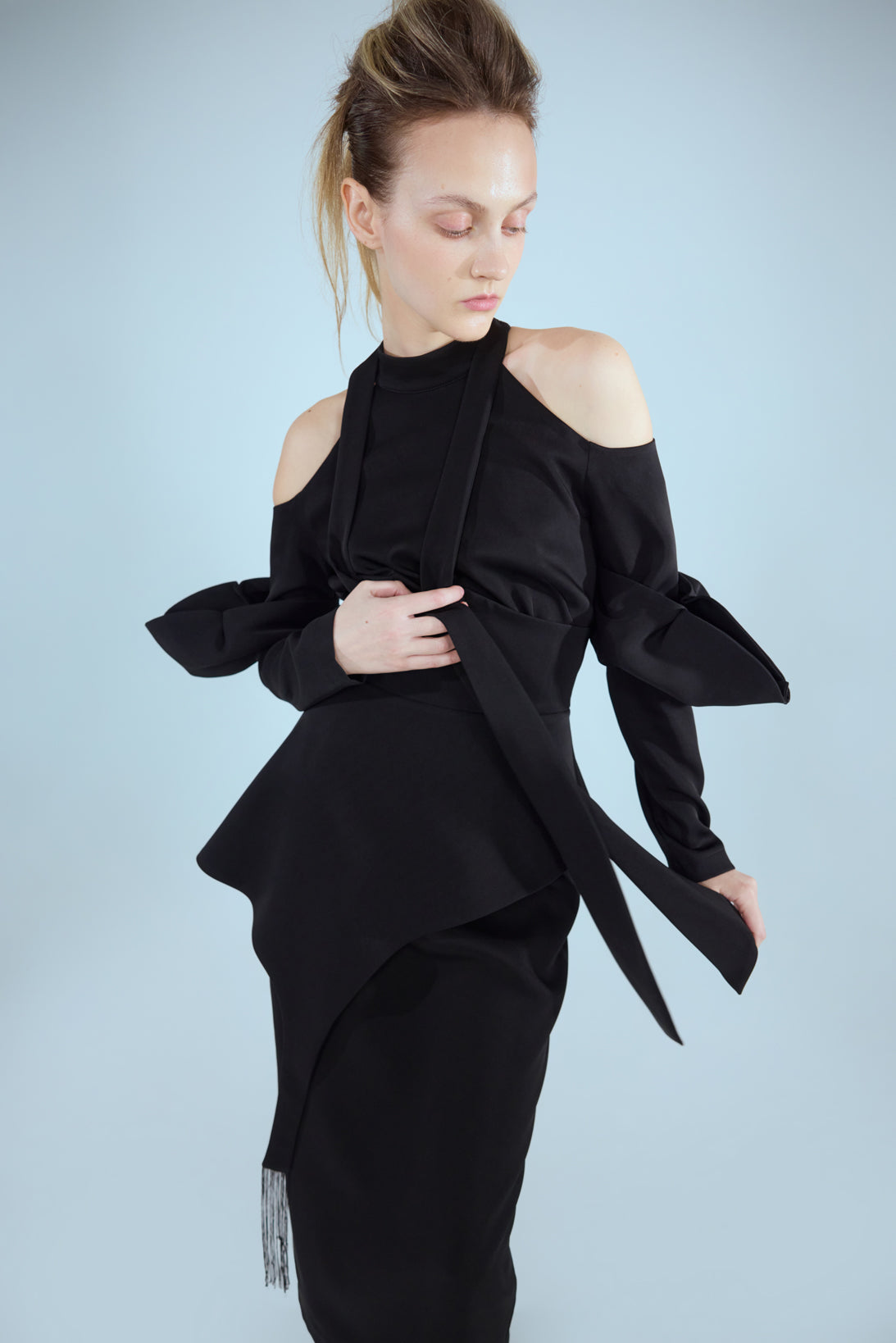 cold shoulder midi dress Fashion Cold-Shoulder Midi Dress With Asymmetrical Belt Black L