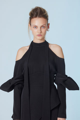Fashion Cold-Shoulder Midi Dress With Asymmetrical Belt Black