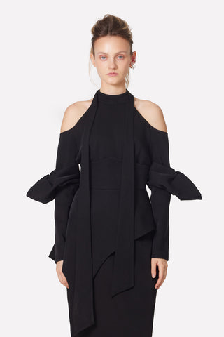 Fashion Cold-Shoulder Midi Dress With Asymmetrical Belt Black