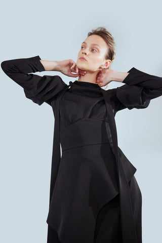 Fashion Cold-Shoulder Midi Dress With Asymmetrical Belt Black