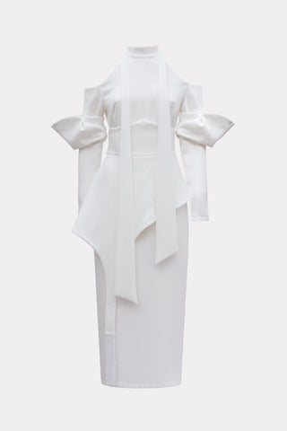 Fashion Cold-Shoulder Midi Dress With Asymmetrical Belt White XS