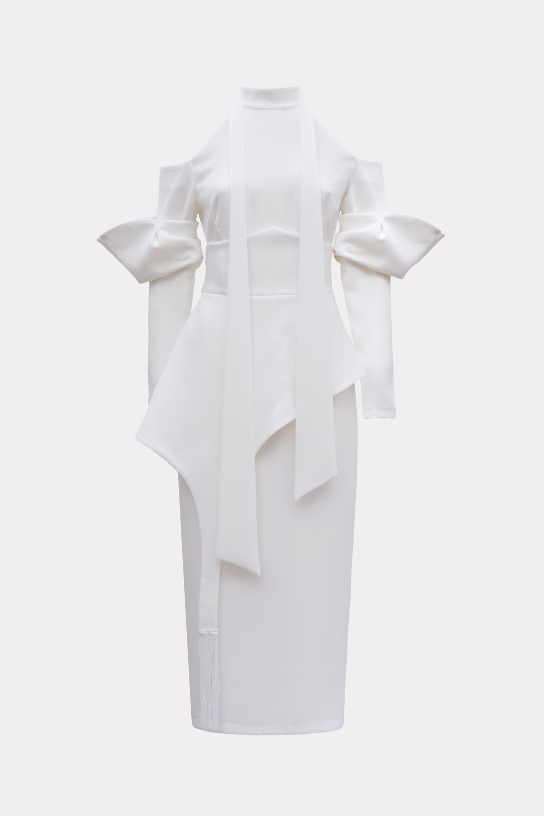 Fashion Cold-Shoulder Midi Dress With Asymmetrical Belt White M Fashion Cold-Shoulder Midi Dress With Asymmetrical Belt White M