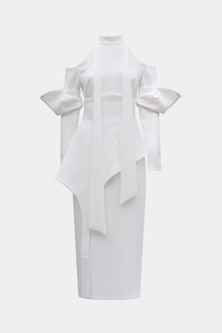 Fashion Cold-Shoulder Midi Dress With Asymmetrical Belt White
