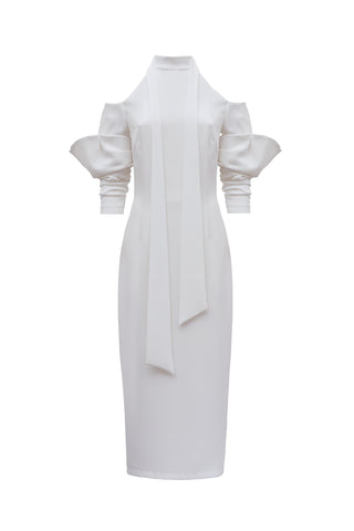 Fashion Cold-Shoulder Midi Dress With Asymmetrical Belt White