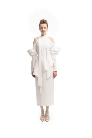 Fashion Cold-Shoulder Midi Dress With Asymmetrical Belt White
