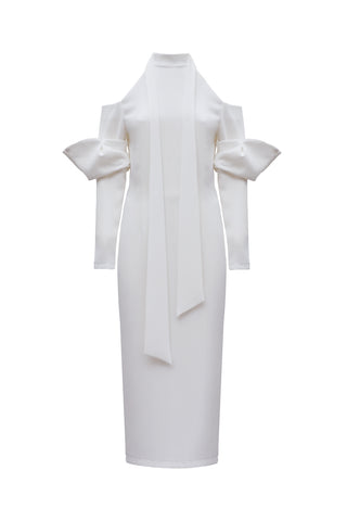 Fashion Cold-Shoulder Midi Dress With Asymmetrical Belt White