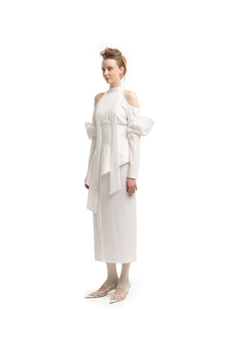Fashion Cold-Shoulder Midi Dress With Asymmetrical Belt White