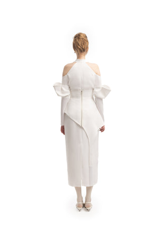 Fashion Cold-Shoulder Midi Dress With Asymmetrical Belt White