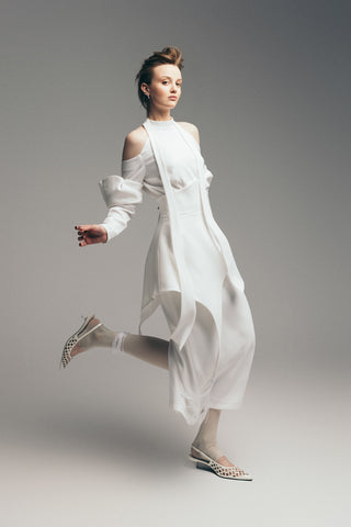 Fashion Cold-Shoulder Midi Dress With Asymmetrical Belt White