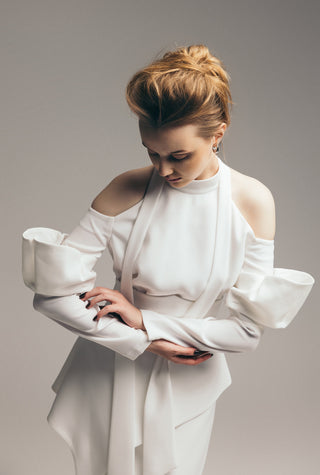 Fashion Cold-Shoulder Midi Dress With Asymmetrical Belt White