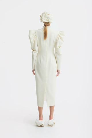 Crepe Midi Dress With Statement Sleeves – Ivory